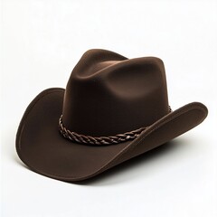 A stylish brown cowboy hat with a braided band, showcasing a classic Western design and smooth felt texture.