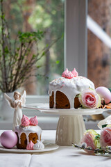 Easter. Easter cake and painted eggs on the festive table.