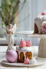 Easter. Easter cake and painted eggs on the festive table.