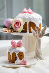 Easter. Easter cake and painted eggs on the festive table.