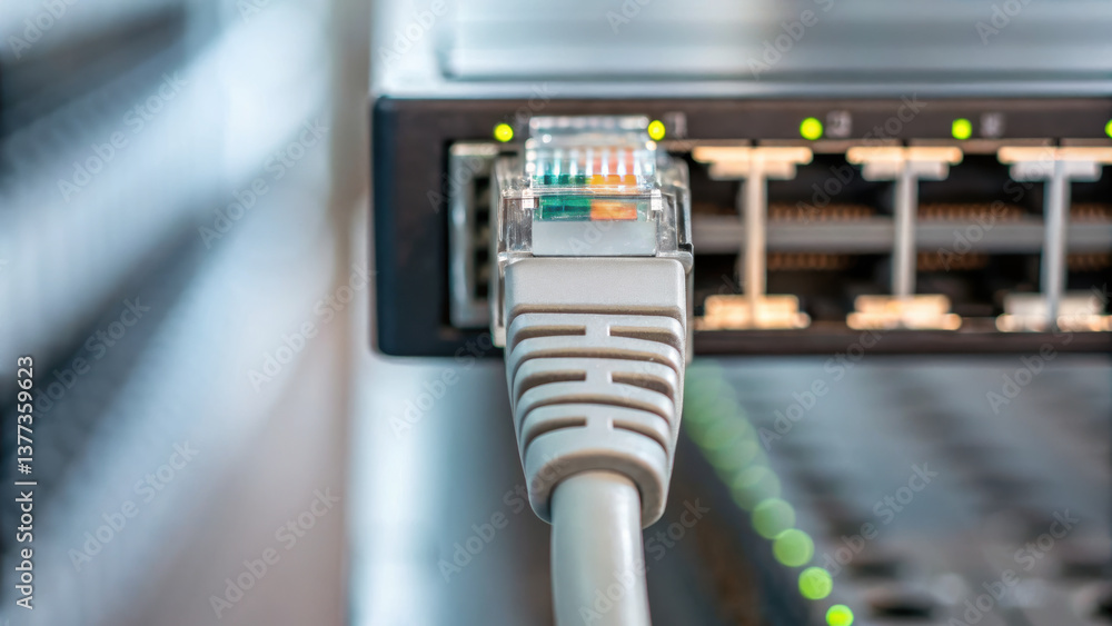 Poster close up view of network cable connected to switch, showcasing importance of industry automation in 