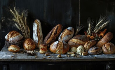 Artisan breads displayed on rustic wooden surface