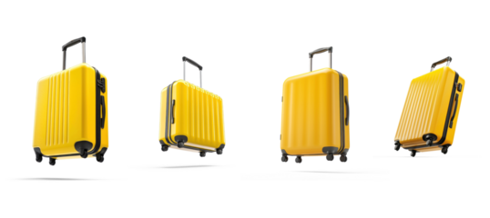 Collection of Yellow suitcase flying isolate on transparent background