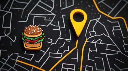 Map Icon Featuring Food Delivery Elements with Hamburger and Location Marker