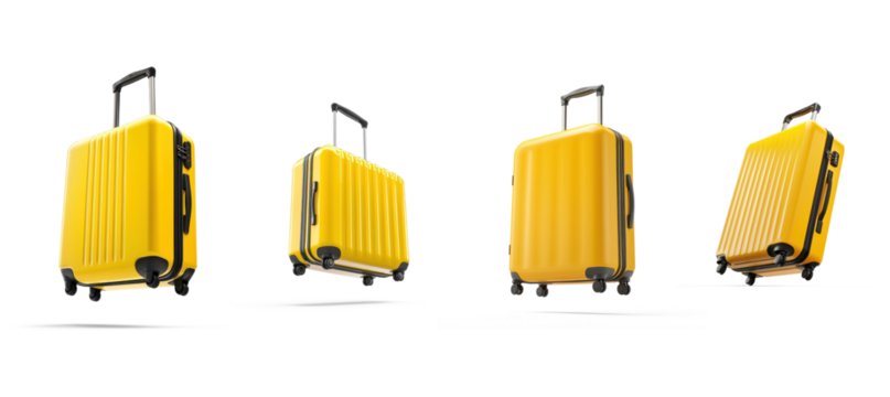 Collection of Yellow suitcase flying isolate on transparent background