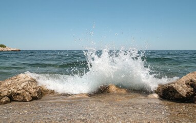 Ocean wave crashing against rocks on a sunny day.  White water splashes high into the air. Small pebbles and rocks are visible on the shore. The background is a clear blue sky and calm sea