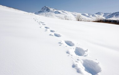 Footprints in pristine snow leading towards snow capped mountains under a clear blue sky.  A tranquil winter scene evoking a sense of journey and exploration