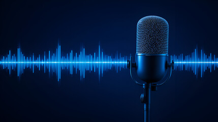 Microphone with waveform on blue background, broadcasting or podcasting banner