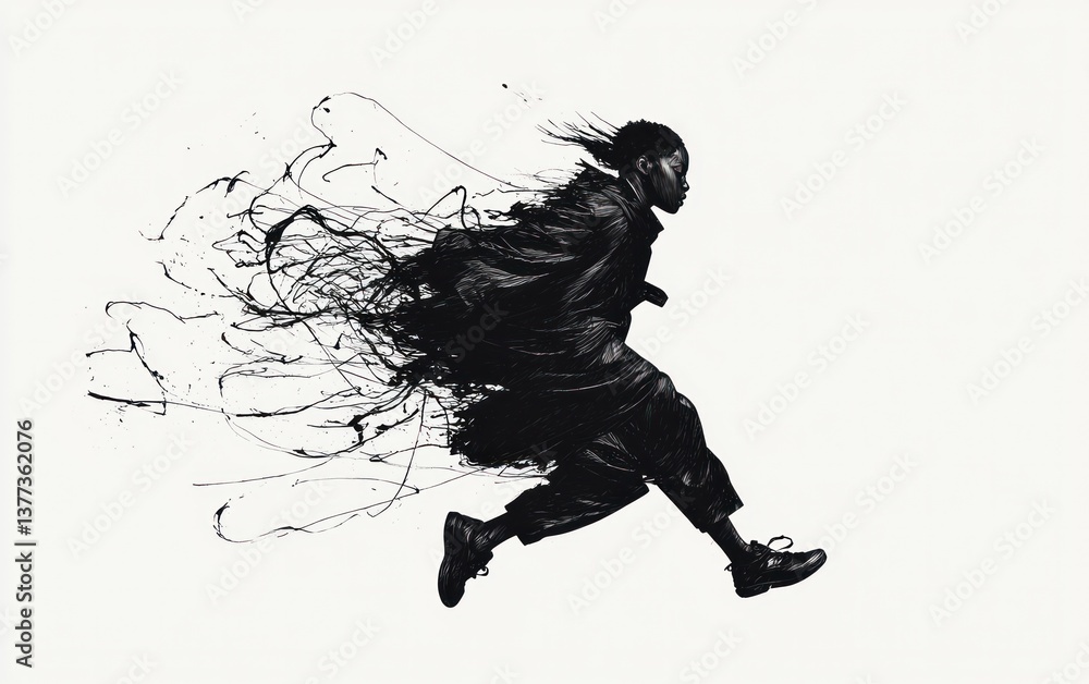 Poster abstract monochrome image of a person running, dissolving into pixels. the figure is dark against a 