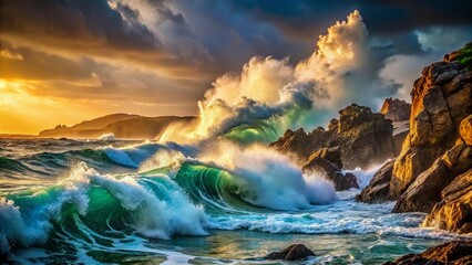 Fototapeta premium Powerful Ocean Waves Crashing on Rocky Shore - Dramatic Coastal Photography