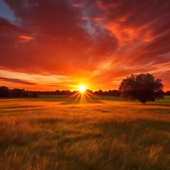 Fototapeta premium Vibrant Sunset Over Golden Grassland With Lone Tree
