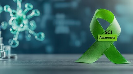 A green awareness ribbon symbolizing Spinal Cord Injury (SCI) awareness against a blurred background of a molecular structure.