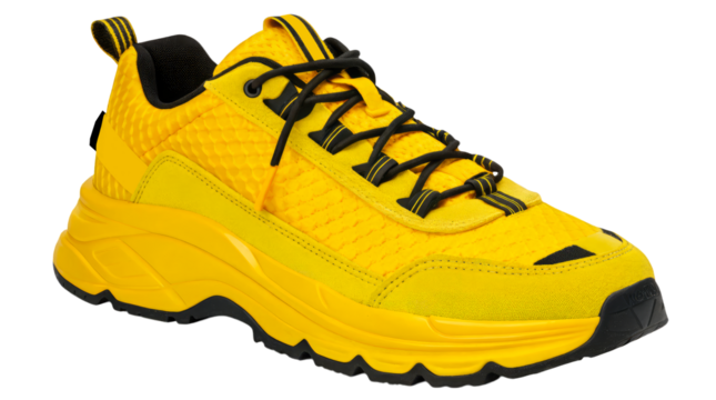 A yellow and black running shoe with breathable mesh and sporty design on a transparent background