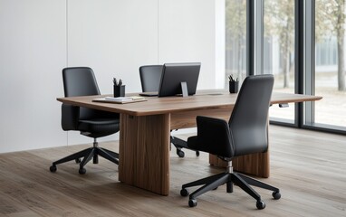 Modern office interior with a large wooden conference table and black leather chairs, set against a backdrop of a window showing autumn trees. Natural light illuminates the scene