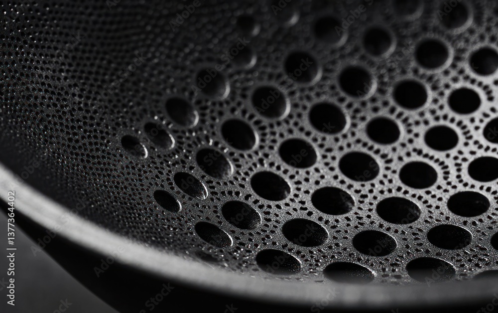 Poster close-up of a dark gray metallic surface with numerous small, evenly spaced circular holes. the surf
