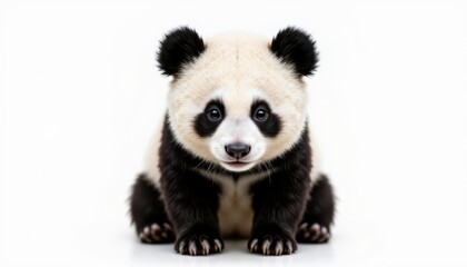 Naklejka premium A cute and fluffy panda is sitting upright, with its black and white fur shining against a clear white background