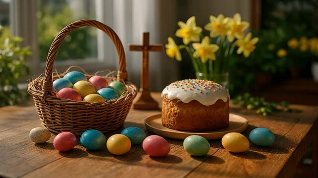 Cinematic Shot of a Colorfully Decorated Easter Table with Basket of Eggs, Cake and Daffodils 