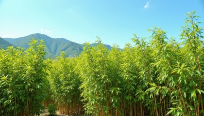 The vibrant green bamboo plants sway gently in the warm breeze