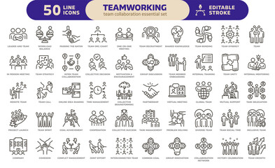Teamwork and collaboration icon set. Thin line editable stroke icons for teams, leadership, meetings, project management, brainstorming, team growth, support, partnership and remote work.
