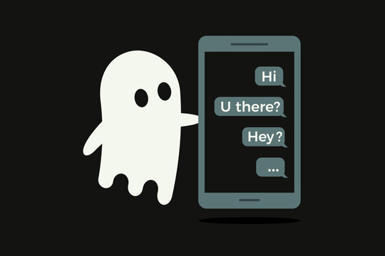 Cute cartoon ghost ghosting unread chat messages on smartphone. ignored phone texts vector flat illustration for digital communication, online chat and social media. Rejection, avoidance, silence