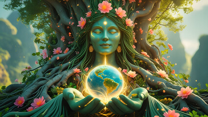 nature woman with world globe/ mother of nature hand holding world globe mother earth day and environment conservation concept abstract image