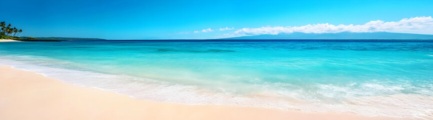 Fototapeta premium A serene beach scene featuring clear turquoise waters, soft sand, and a bright blue sky, perfect for relaxation and vacation vibes.