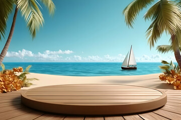 Obraz premium A serene beach scene featuring a wooden platform, palm trees, and a sailboat gliding across the calm blue ocean.