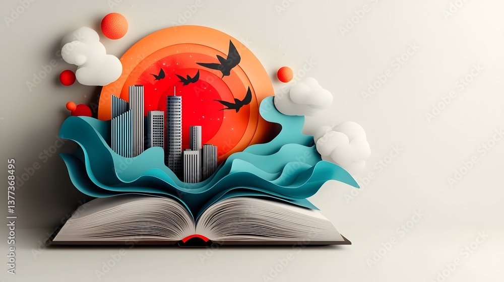 Poster shimmering data currents pouring forth from an open book intertwining with a modern cityscape a visu
