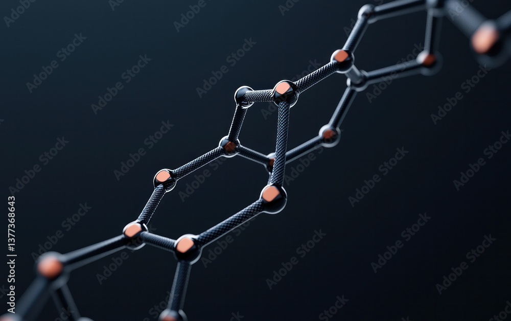 Poster abstract 3d rendering of a molecular structure with copper-colored nodes connected by dark gray bond