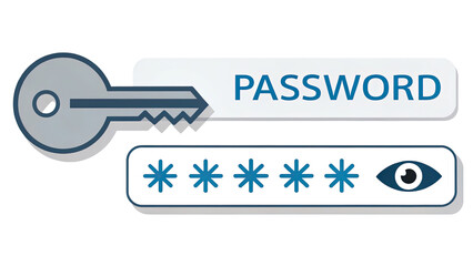 A digital key graphic representing security with the word "PASSWORD" and a hidden text symbol, emphasizing online safety.