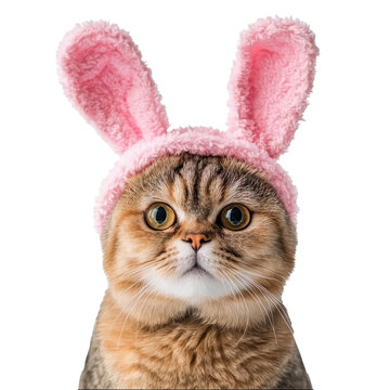 Funny cat with Bunny Ears headband, easter concept isolate on transparent background
