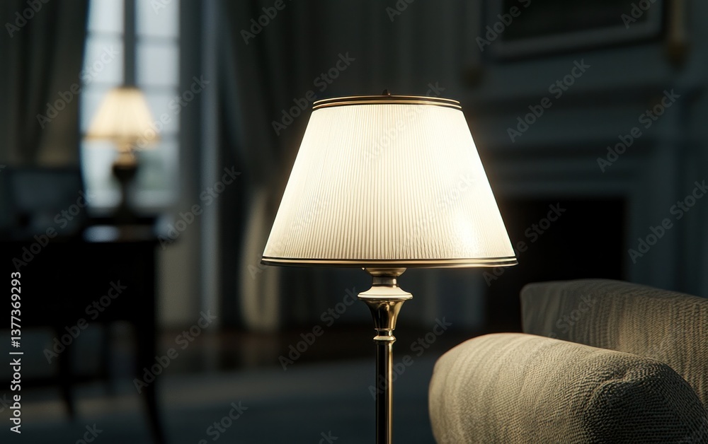 Poster close-up of a table lamp with a patterned shade in a dimly lit room. the lamp is gold and white and 