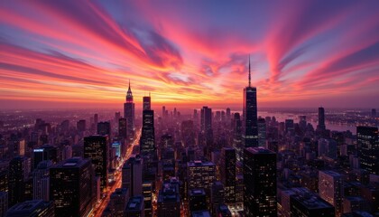 Obraz premium The vibrant city skyline at sunset is a captivating sight