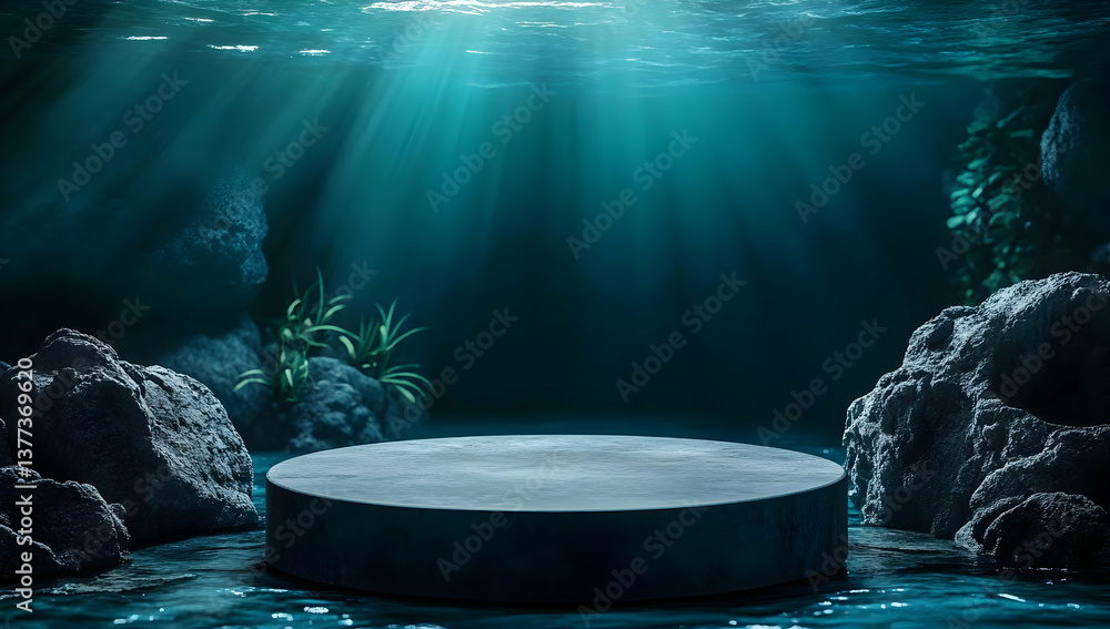 Poster a serene underwater scene featuring a circular platform illuminated by soft rays of light filtering 