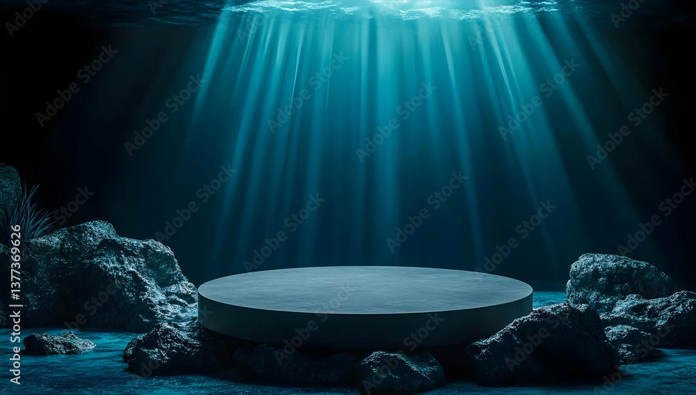 Poster a serene underwater scene featuring soft light rays illuminating a circular platform surrounded by r