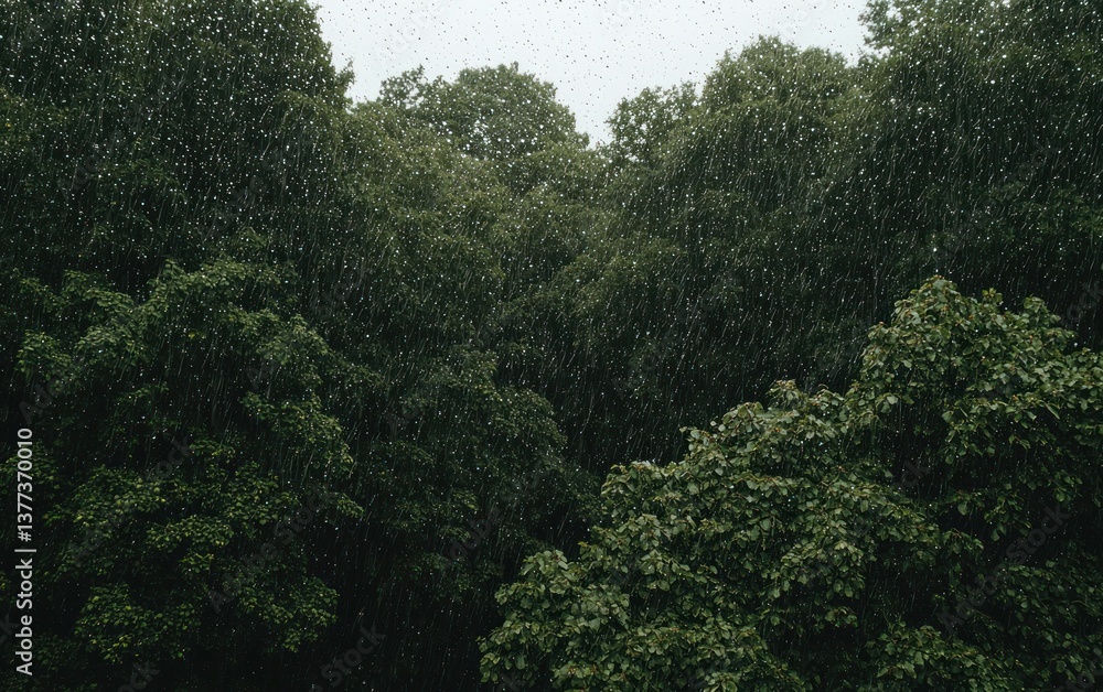 Poster multicolored particles falling through lush green trees under a cloudy sky. the image evokes a sense