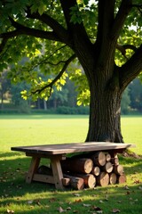 Naklejka premium Rustic wooden picnic table beneath a large tree's shade, logs stored neatly underneath, a peaceful park scene.