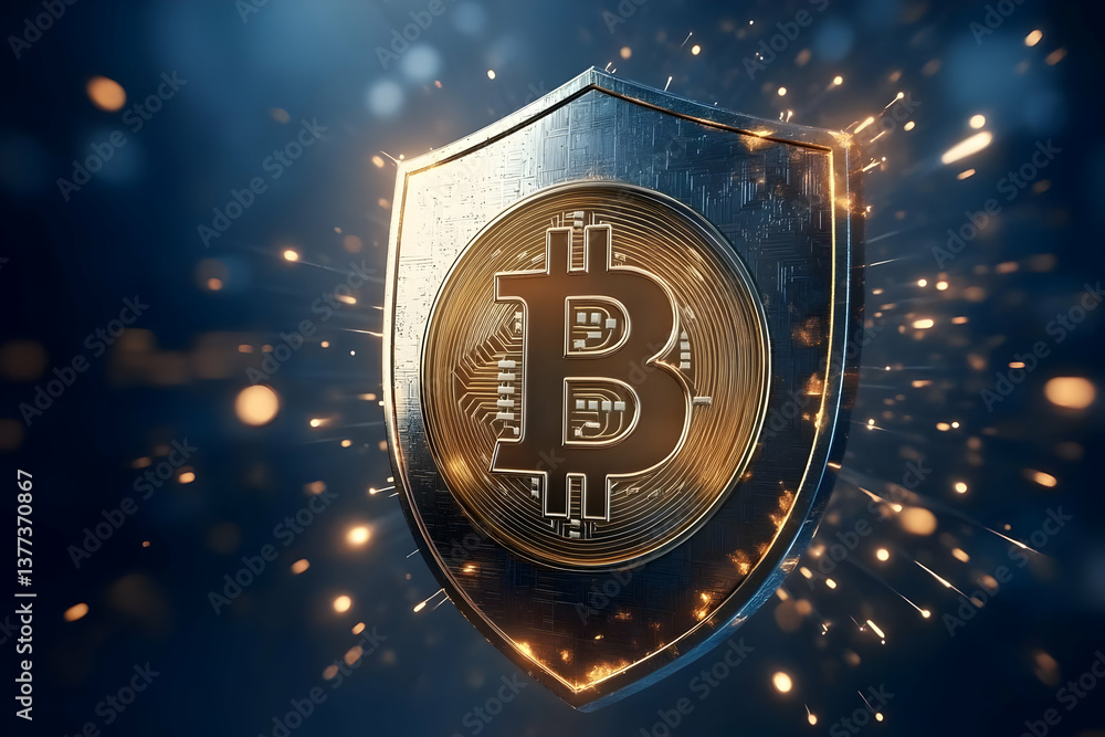 Poster a shining bitcoin shield symbolizing security and strength in the digital currency realm, surrounded