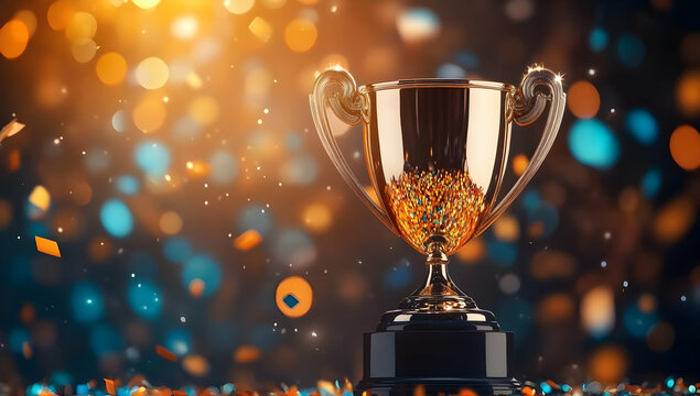 A shining trophy against a backdrop of colorful confetti, symbolizing victory and achievement in sports or competitions.