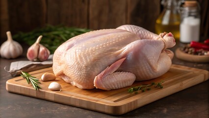 Raw Whole Chicken on Wooden Cutting Board with Herbs and Spices