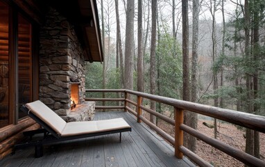 Cozy cabin deck with a chaise lounge overlooking a serene forest. A stone fireplace adds warmth to the scene. Tranquil atmosphere, natural light