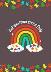 Poster concept World Autism Awareness Day with puzzle pieces and rainbow illustration. Banner or background vector design template. Psychological concept of Autistic children.