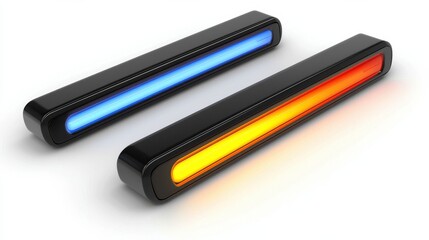 A design featuring a pair of sleek minimalist progress bars with vibrant blue and orange LED lighting representing advanced technology and data processing capabilities