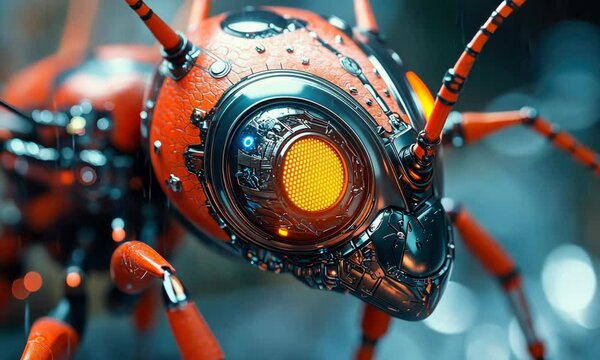 Close-up depiction of a mechanical insect with a glowing eye and intricate details.