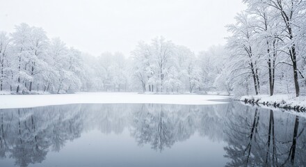 Serene Winter Landscape Snow Covered Trees Reflected in a Frozen Lake