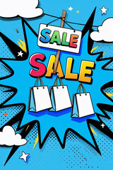 Fototapeta premium AI Generative. Poster design of Super Sale promotion with halftone dots and yellow explosion burst shape with a thick black outline on blue background. Above the bags, a white sign. 25