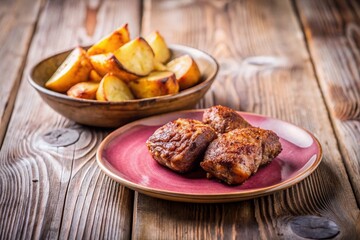 Rustic Pink Table Setting: Fried Meats & Potatoes Minimalist Food Photography