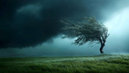A solitary tree sways under a dark stormy sky, capturing the raw power of nature and evoking a sense of solitude and strength.