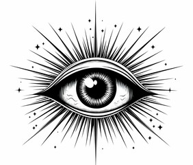 A striking black and white illustration of an eye surrounded by radiant stars, symbolizing perception and insight.