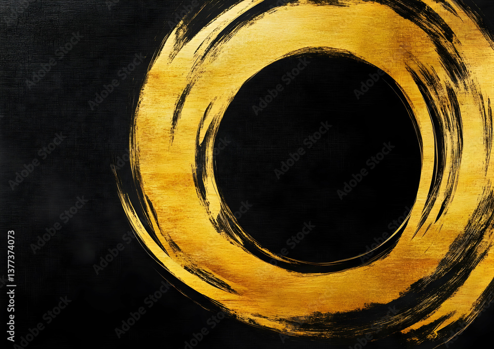 Poster a striking golden brushstroke circle on a dark background, symbolizing unity and continuity in art. 